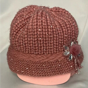 Elegant Knit‎ Beanie with Floral Accent - Rose Pink